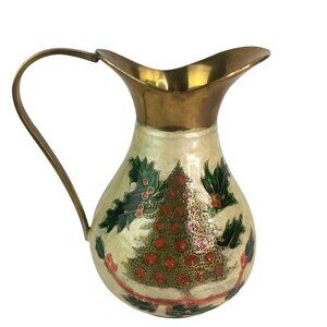 Vintage Christmas Drink Pitcher Tree Holly Cloisonne Holiday Decor Made in India